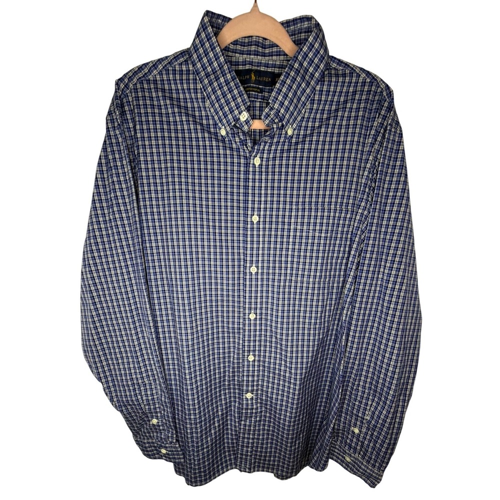 Ralph Lauren Button Down Shirt Mens XL Blue Plaid Stretch Poplin‎ Long Sleeve